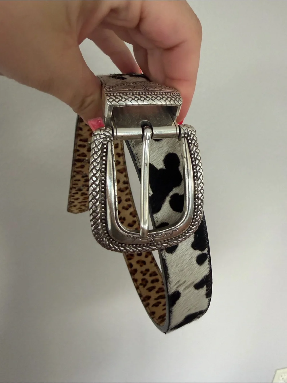 Leopard Print Reversible Women's Belt with Silver Buckle